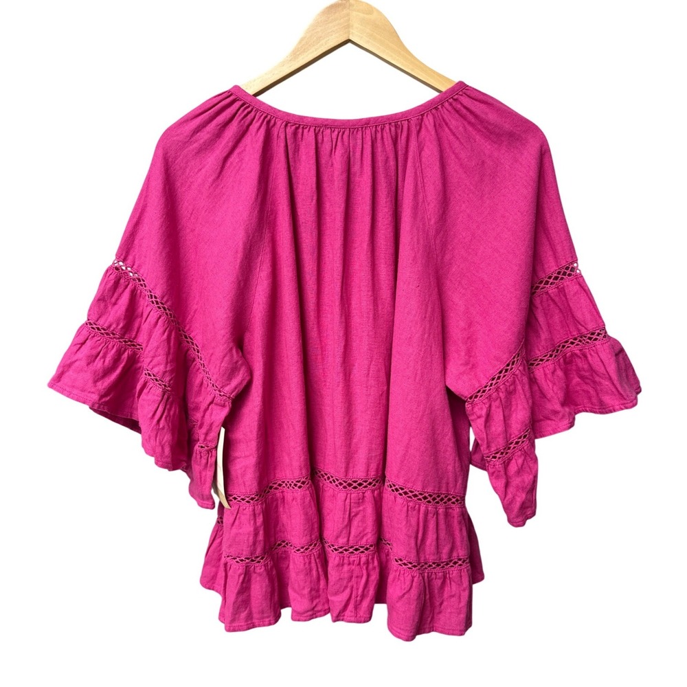 NWT Calligraphie Linen Blend Blouse Womens M Pink Boho Peasant Tassel Crochet - Picture 2 of 7